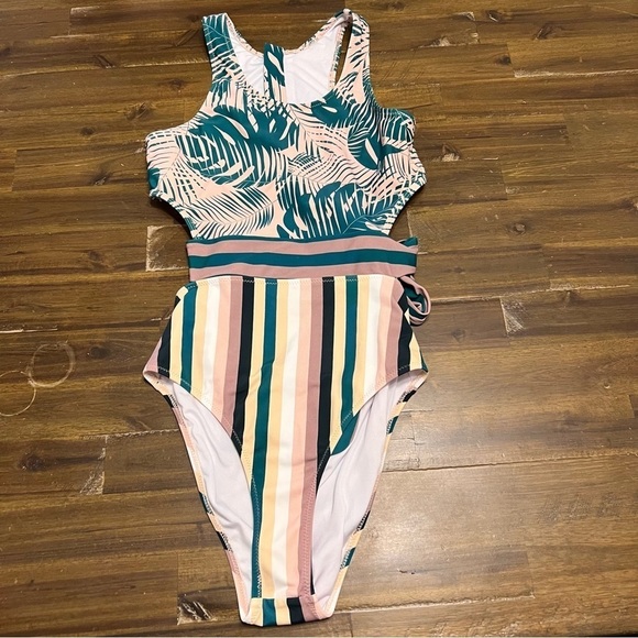 Cupshe Miss U Green One Piece Tropical Leaves Stripes Zipper Back Tie Small - Picture 3 of 9